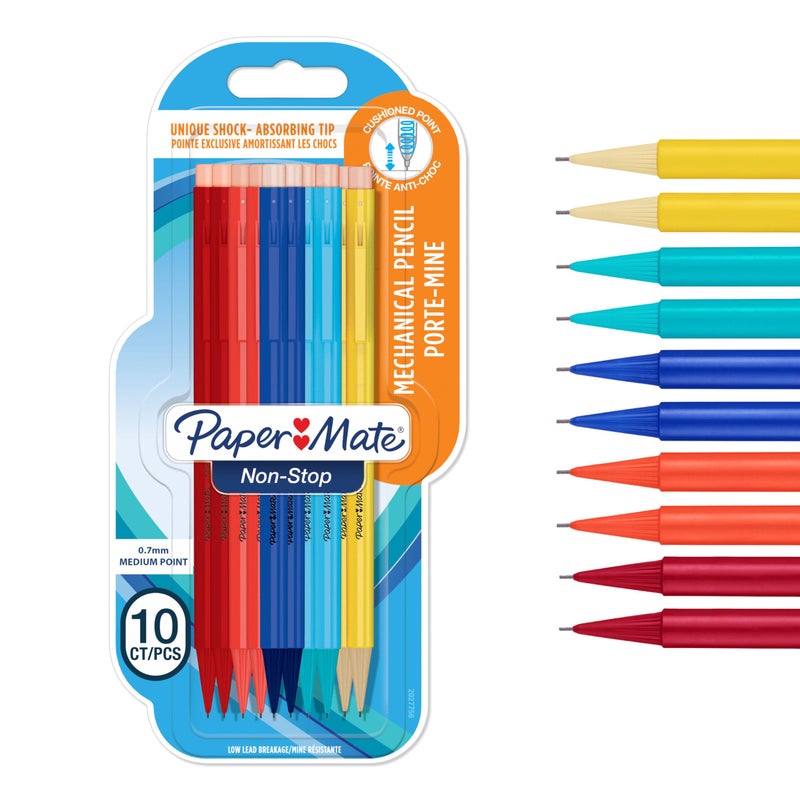 Paper Mate Non-Stop Mechanical Pencil | 0.7mm with Shock-Absorbing Tip | HB #2 | Assorted Barrel Colours | 10 Count - Image 1